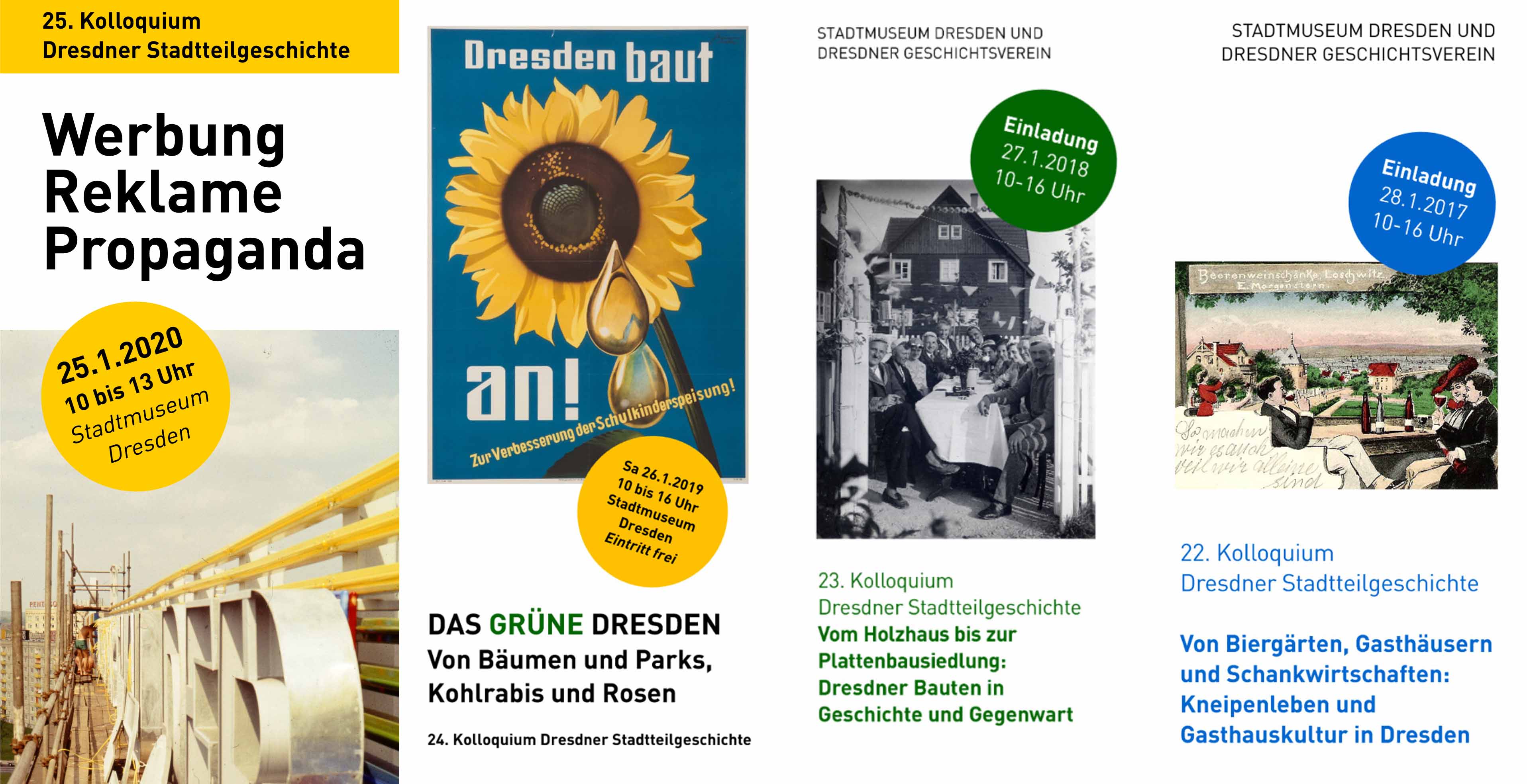 KI generiert: Das Bild zeigt Einladungen zu verschiedenen Kolloquien zur stadtteilgeschichtlichen Erforschung in Dresden, darunter Themen wie Werbung, Stadtbauentwicklung und Gastwirtschaften. Jedes Kolloquium ist durch ein spezifisches Titelbild und Datum dargestellt.