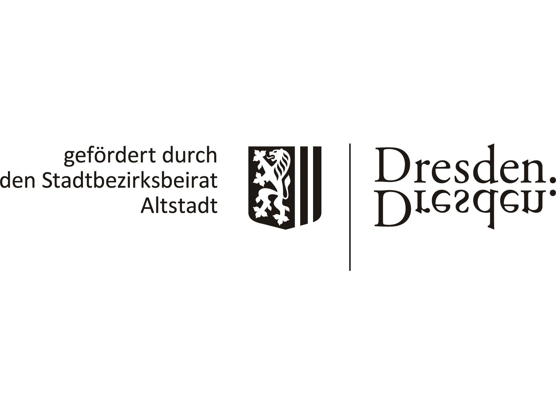 KI generiert: Dieses Bild zeigt das Wappen von Dresden neben einem Text, der die Förderung durch den Stadtbezirksbeirat Altstadt anzeigt. Es handelt sich um ein offizielles Logo oder Emblem.