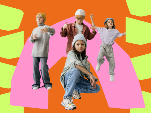 KI generiert: Das Bild zeigt vier Personen in modischer Kleidung vor einem bunten, grafischen Hintergrund. Der Fokus liegt auf ihrer dynamischen Pose und ihrem lässigen Erscheinungsbild.