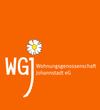 KI generiert: Das Bild zeigt das Logo der Wohnungsgenossenschaft Johannstadt eG auf einem orangefarbenen Hintergrund. Das Logo beinhaltet die Abkürzung "WGJ" und eine stilisierte Blume.