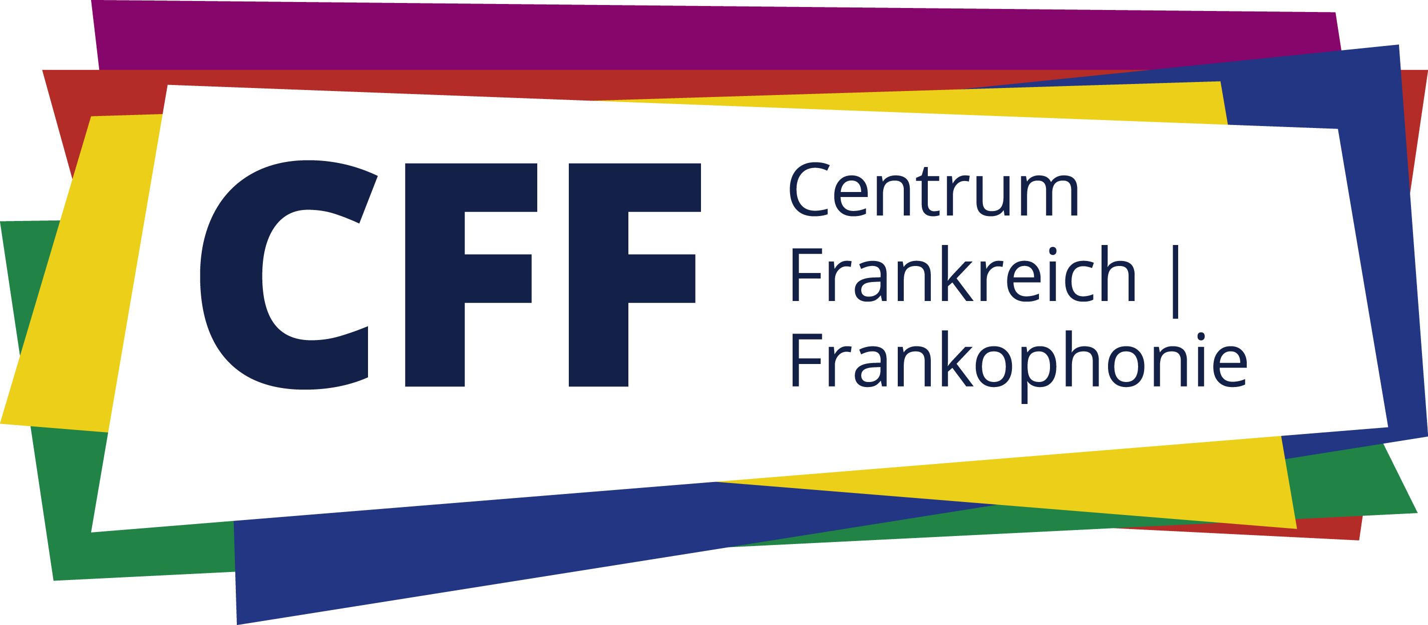 KI generiert: Das Bild zeigt ein Logo mit der Abkürzung "CFF" und den Worten "Centrum Frankreich | Frankophonie". Der Hintergrund besteht aus mehreren bunten, überlappenden Rechtecken.