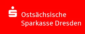 KI generiert: Das Bild zeigt das Logo der Ostsächsischen Sparkasse Dresden auf rotem Hintergrund. Es besteht aus einem weißen Sparkassen-Logo und dem Schriftzug "Ostsächsische Sparkasse Dresden" in Weiß.