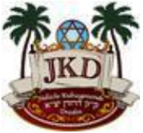 KI generiert: Das Bild zeigt ein Logo mit den Buchstaben "JKD" im Zentrum, umgeben von palmenartigen Symbolen und einem Davidsstern darüber. Unten ist ein Schriftzug auf Hebräisch und weitere Verzierungen zu sehen.