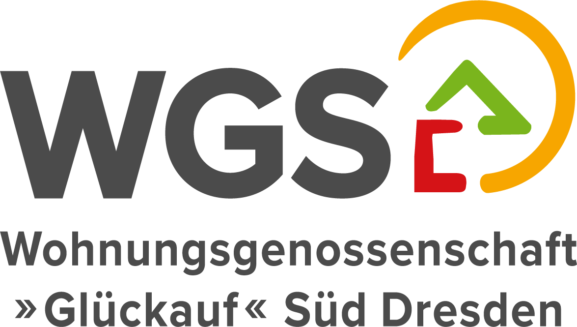 KI generiert: Das Bild zeigt das Logo der Wohnungsgenossenschaft "Glückauf" Süd Dresden. Der Hauptinhalt besteht aus dem Schriftzug "WGS" mit grafischen Elementen eines stilisierten Hauses und einem Pfeil an der Seite.