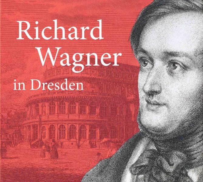 KI generiert: Das Bild zeigt ein Portrait von Richard Wagner vor einem roten Hintergrund mit dem Text "Richard Wagner in Dresden" und einer Skizze eines historischen Gebäudes im Hintergrund. Der Hauptinhalt des Bildes ist die Beziehung Richard Wagners zu Dresden.